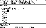 Graphing calculator screen displaying the function editor with the equation y₁ = x⁵ + 9x - 4 entered and active; other function slots (y₂ to y₇) are empty.